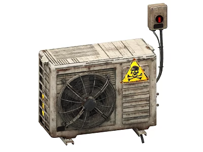 Worn Out Air Conditioner Fan With Warning Sign And Control Box 3d model