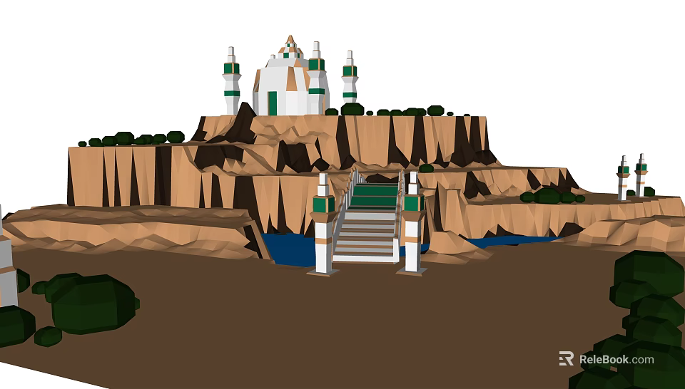 Magical Cartoon Scene with Mountain Cliff Dome Building Green Door Stairs Water and Greenery 3d model 