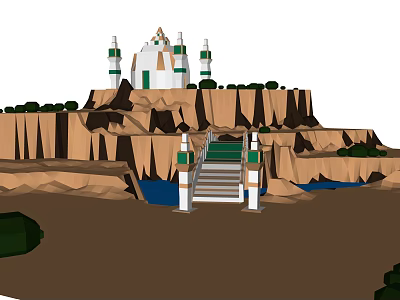 Magical Cartoon Scene with Mountain Cliff Dome Building Green Door Stairs Water and Greenery 3d model