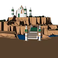 Magical Cartoon Scene with Mountain Cliff Dome Building Green Door Stairs Water and Greenery