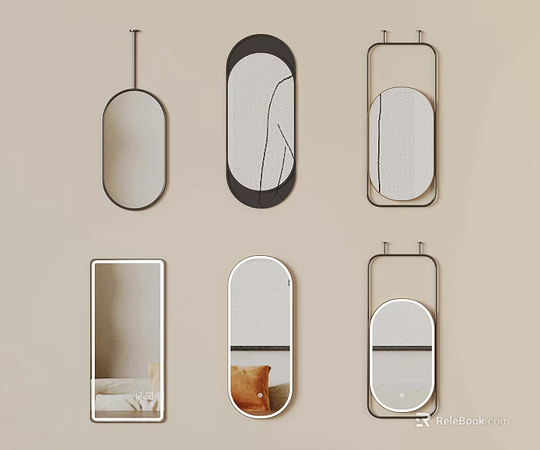 Modern Decorative Mirrors Various Shapes Frame Styles And Textures On Wall 3d model 