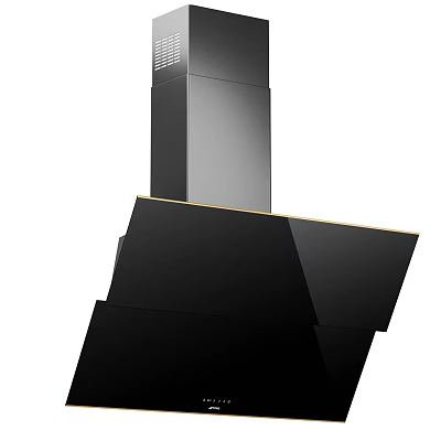 Modern Black Kitchen Appliance Range Hood with Geometric Shape and Golden Edge 3d model