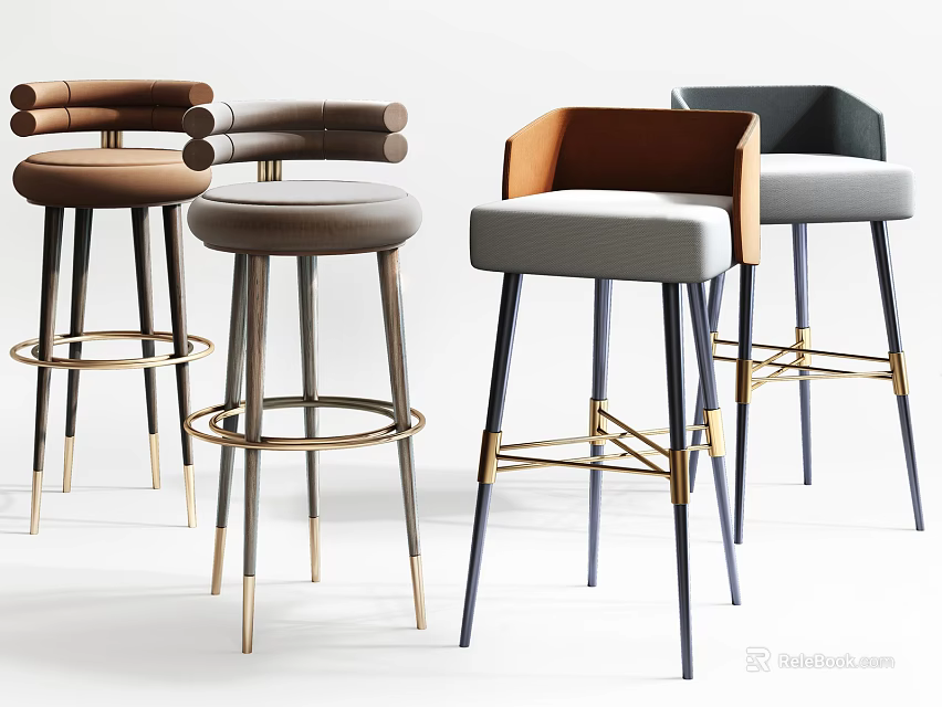 Modern Elegant Bar Stools With Soft Fabric Seats And Gold Metal Legs 3d model 
