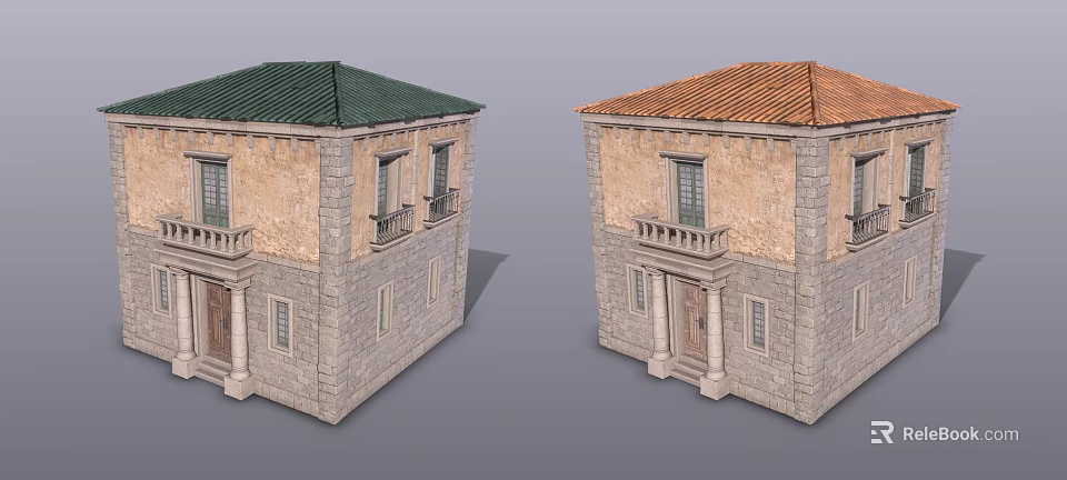 Two Story Stone Buildings With Green And Orange Roofs Balconies And Windows 3d model 