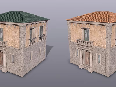 Two Story Stone Buildings With Green And Orange Roofs Balconies And Windows 3d model