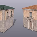 Two Story Stone Buildings With Green And Orange Roofs Balconies And Windows