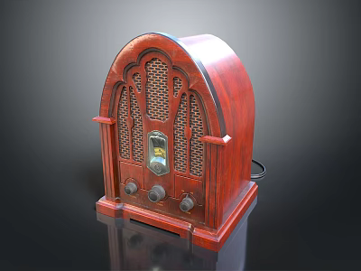 Vintage Wooden Computer With Curved Top Grille Panel Control Knobs And Display Dial 3d model