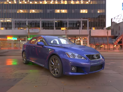 Blue Lexus Sports Sedan On Urban Street With Evening City Lights And Modern Buildings 3d model