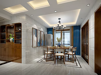 Modern Restaurant Interior With Dining Table Chairs Chandelier Wooden Cabinets And Blue Curtains 3d model