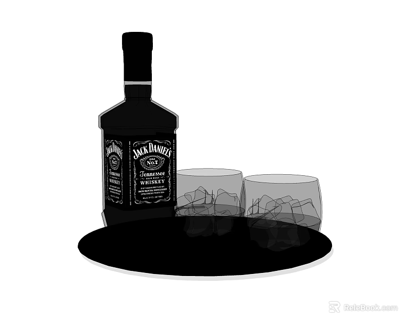 Jack Daniel's Whiskey Bottle With Two Ice Filled Glasses On Black Tray 3d model 