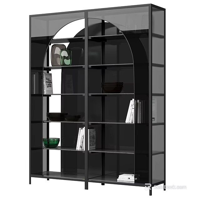 Modern Arched Open Shelf Bookcase With Glass Panels Decorative Bowls And Books For Living Room 3d model 