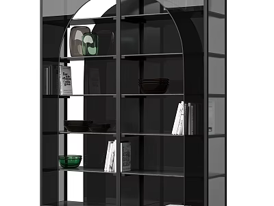 Modern Arched Open Shelf Bookcase With Glass Panels Decorative Bowls And Books For Living Room 3d model