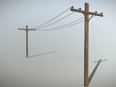 Tall Wooden Utility Poles With Multiple Power Lines Against Gray Background 3d model