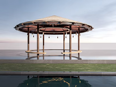 Round Pavilion With Thatched Roof Wooden Pillars And Waterfront Grass Area 3d model