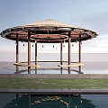Round Pavilion With Thatched Roof Wooden Pillars And Waterfront Grass Area