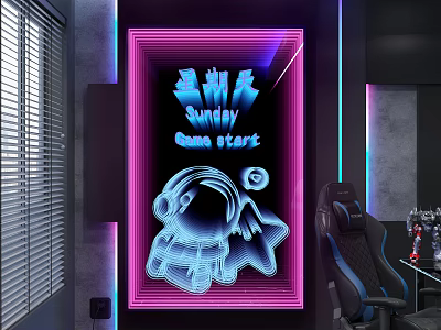 Commercial Gaming Equipment With Game Start Neon Sign And Ergonomic Gaming Chair 3d model
