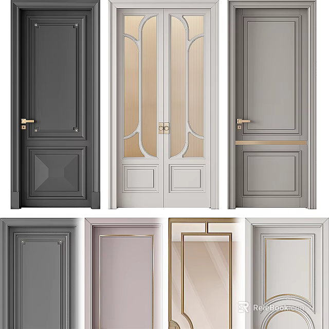 Modern Hinged Doors Design With Gray White Gold Accents And Glass Panels 3d model 