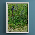 Decorative Plant Painting With Purple Irises Green Leaves And Grass Background