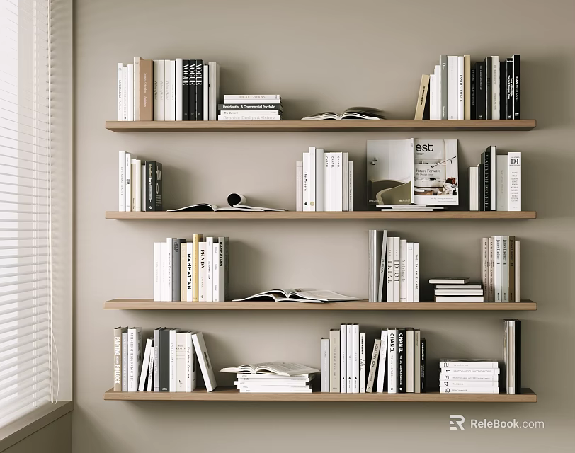 Decorative Ornament Combination with Stacked Books and Open Books on Wooden Shelves 3d model 