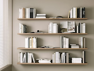 Decorative Ornament Combination with Stacked Books and Open Books on Wooden Shelves 3d model