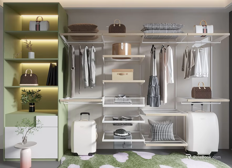 Modern Open Wardrobe Design With Hanging Folded Clothes Storage Boxes Bags Shoes And Potted Plant 3d model 