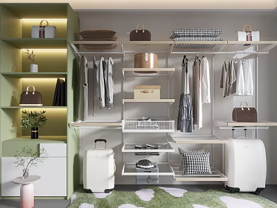 Modern Open Wardrobe Design With Hanging Folded Clothes Storage Boxes Bags Shoes And Potted Plant 3d model