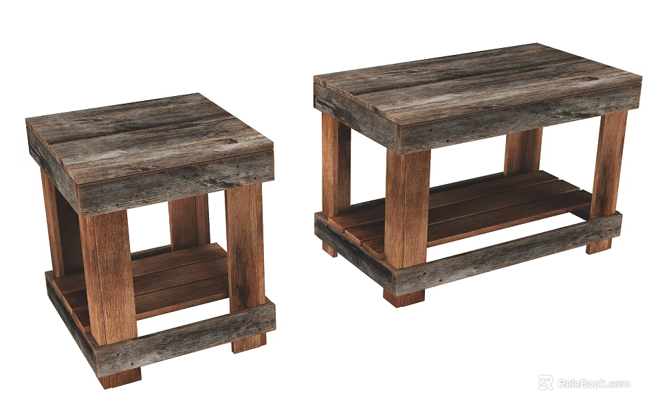 Rustic Wooden Stools Set of Two With Durable Plank Design 3d model 