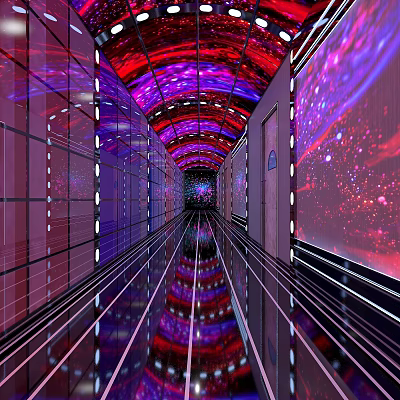 Futuristic KTV Corridor With Glowing Walls Ceiling Purple Red Blue Lighting And Reflective Floor 3d model