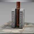 Traditional Stone Carved Furniture With Red Central Column And Ornate Flanking Carved Bases