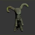 Ancient Bronze Sheep Sculpture Carving With Curved Horns And Green Patina Design