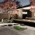 Karesansui Dry Landscape Garden With Traditional Pavilion Red Maple Trees And Stone Path