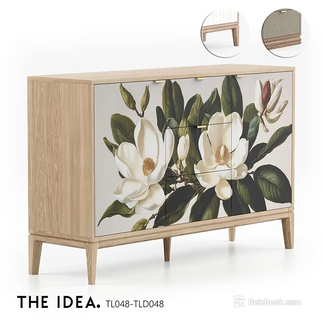 Wooden Dresser with Decorative Magnolia Flower Pattern and Drawer Door Design for Living Room 3d model 