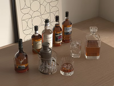 Whiskey Bottles Glasses And Cocktail Shaker On Wooden Table With Decorative Wall Art 3d model