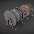 Three Cable Reels On Metal Stands With Silver And Copper Cables 3d model