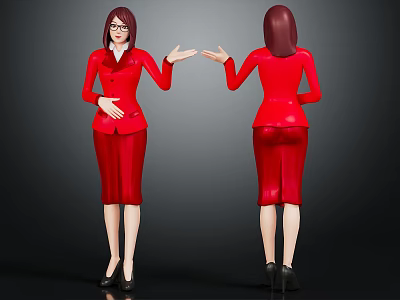 Female Character Red Suit Front and Back View Red Hair Black High Heels Dark Background 3d model
