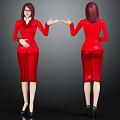 Female Character Red Suit Front and Back View Red Hair Black High Heels Dark Background