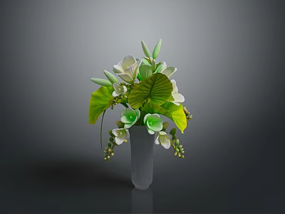 Decorative Plant With White Flowers Green Leaves And Green Berries In Vase 3d model