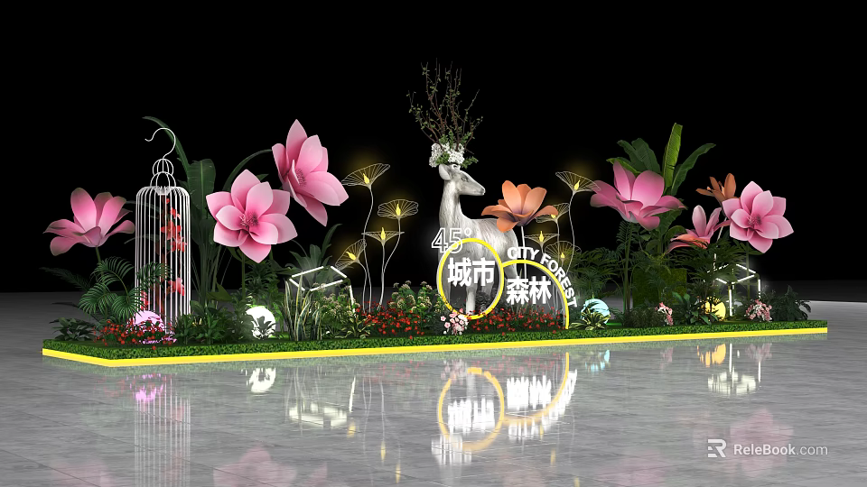 Urban Forest Theme Photo Spot With White Deer Sculpture Pink Flowers And Green Plants 3d model 