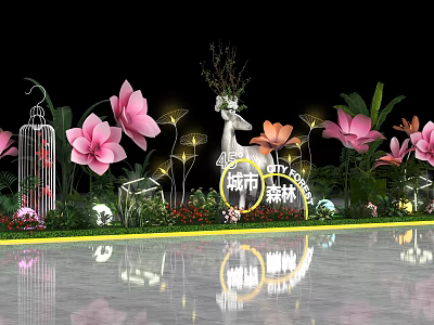 Urban Forest Theme Photo Spot With White Deer Sculpture Pink Flowers And Green Plants 3d model