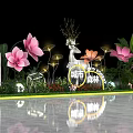 Urban Forest Theme Photo Spot With White Deer Sculpture Pink Flowers And Green Plants