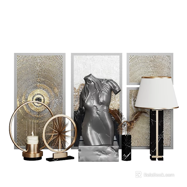 Modern Luxury Decorative Ornament Set With Sculpture Table Lamp Wall Art And Metallic Mirrors 3d model 