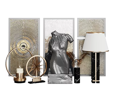 Modern Luxury Decorative Ornament Set With Sculpture Table Lamp Wall Art And Metallic Mirrors 3d model
