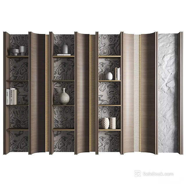 Stylish Modern Multi Tiered Bookcase Design With Decorative Vases Books And Wooden Shelves 3d model 