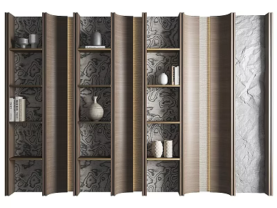 Stylish Modern Multi Tiered Bookcase Design With Decorative Vases Books And Wooden Shelves 3d model