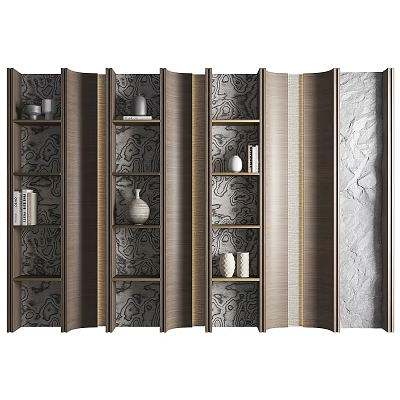 Stylish Modern Multi Tiered Bookcase Design With Decorative Vases Books And Wooden Shelves 3d model