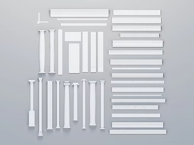White Roman Column Components Including Shafts Capitals And Bases Arranged Neatly On Grey Background 3d model