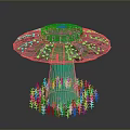 Disc Shaped Metallic UFO With Green Light Beam Hovering Above Trees