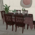 Elegant Dining Table Set With Wooden Chairs Pink Tablecloth And Flower Arrangement