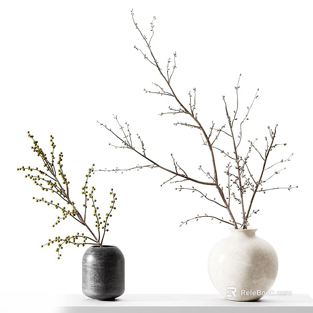 Elegant Floral Display with Two Vases Holding Branches and Small Yellow Flowers 3d model 