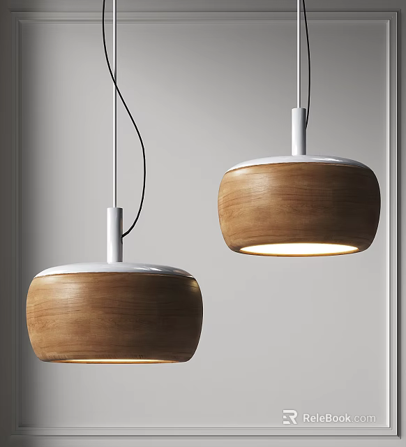 Two Modern Wooden Pendant Lights With White Top And Warm Illuminated Glow 3d model 